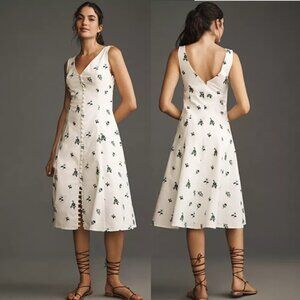 NEW By Anthropologie Sleeveless V-Neck Button-Front Midi Dress White Floral